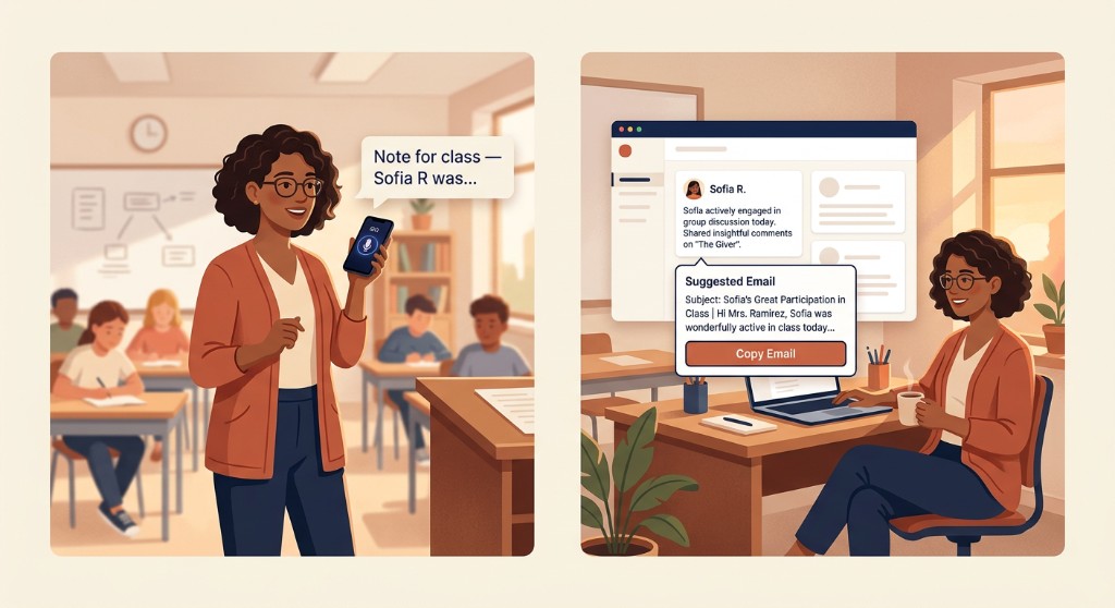 Notes for Class workflow showing classroom voice capture and dashboard email drafting